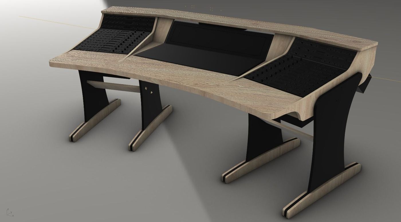 Curved production desk in wood, design render