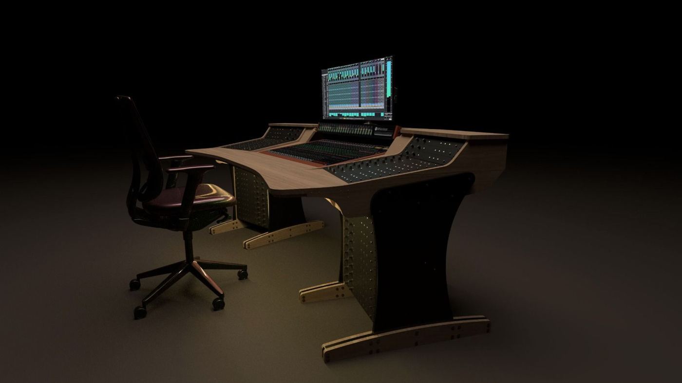 Production desk with lit monitor, design render