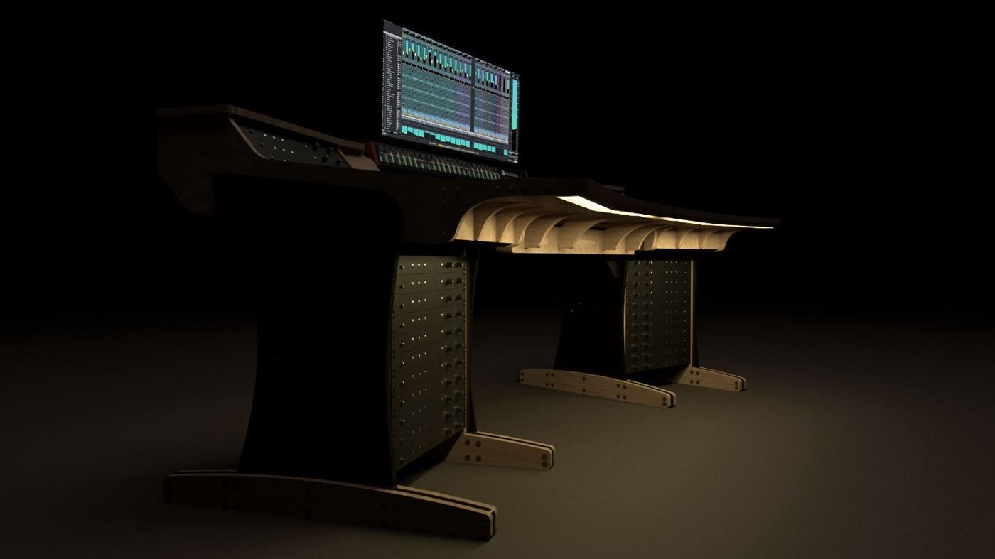 Production desk in a dark room, design render