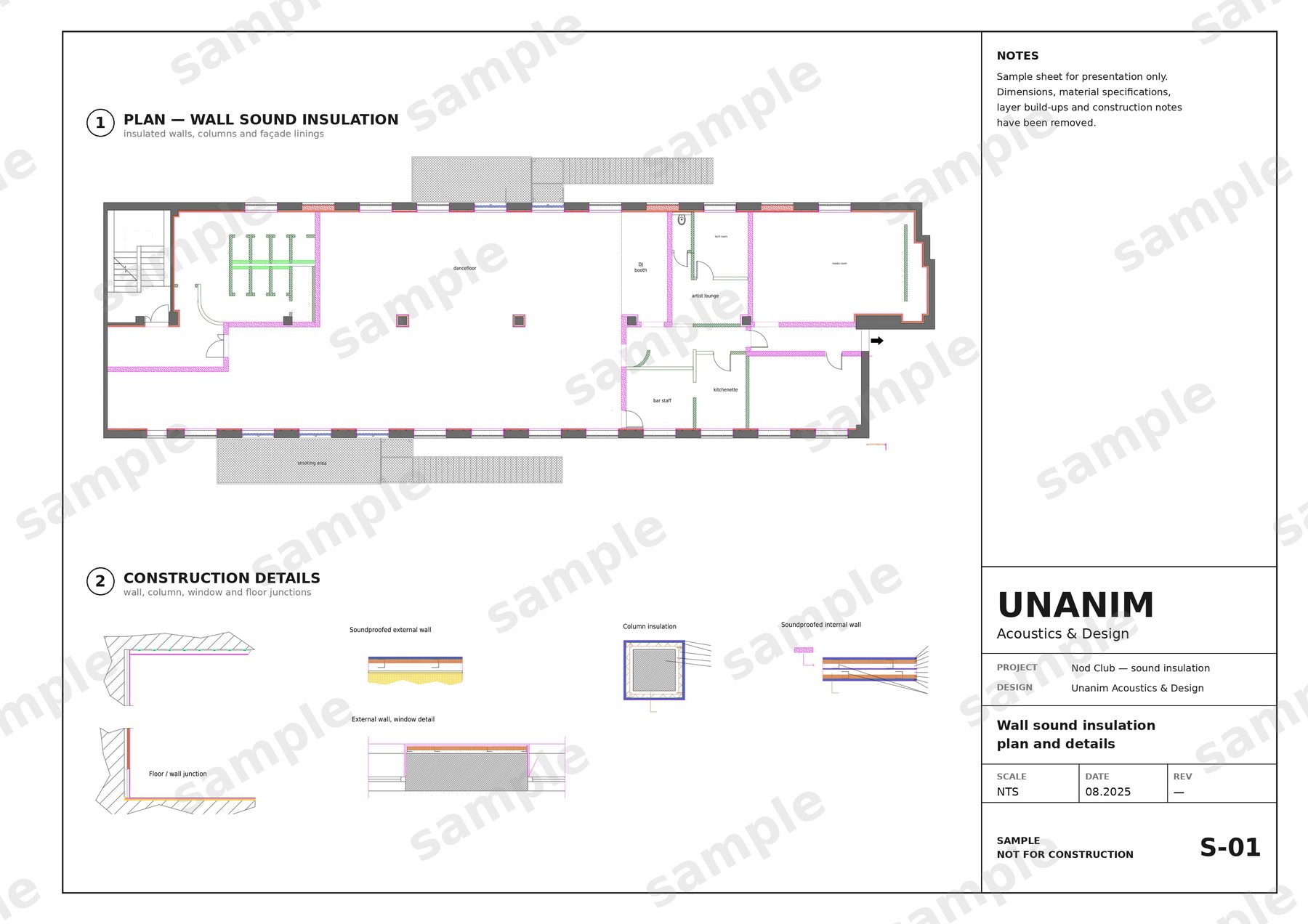 Wall sound insulation plan and construction details, sample sheet with dimensions removed