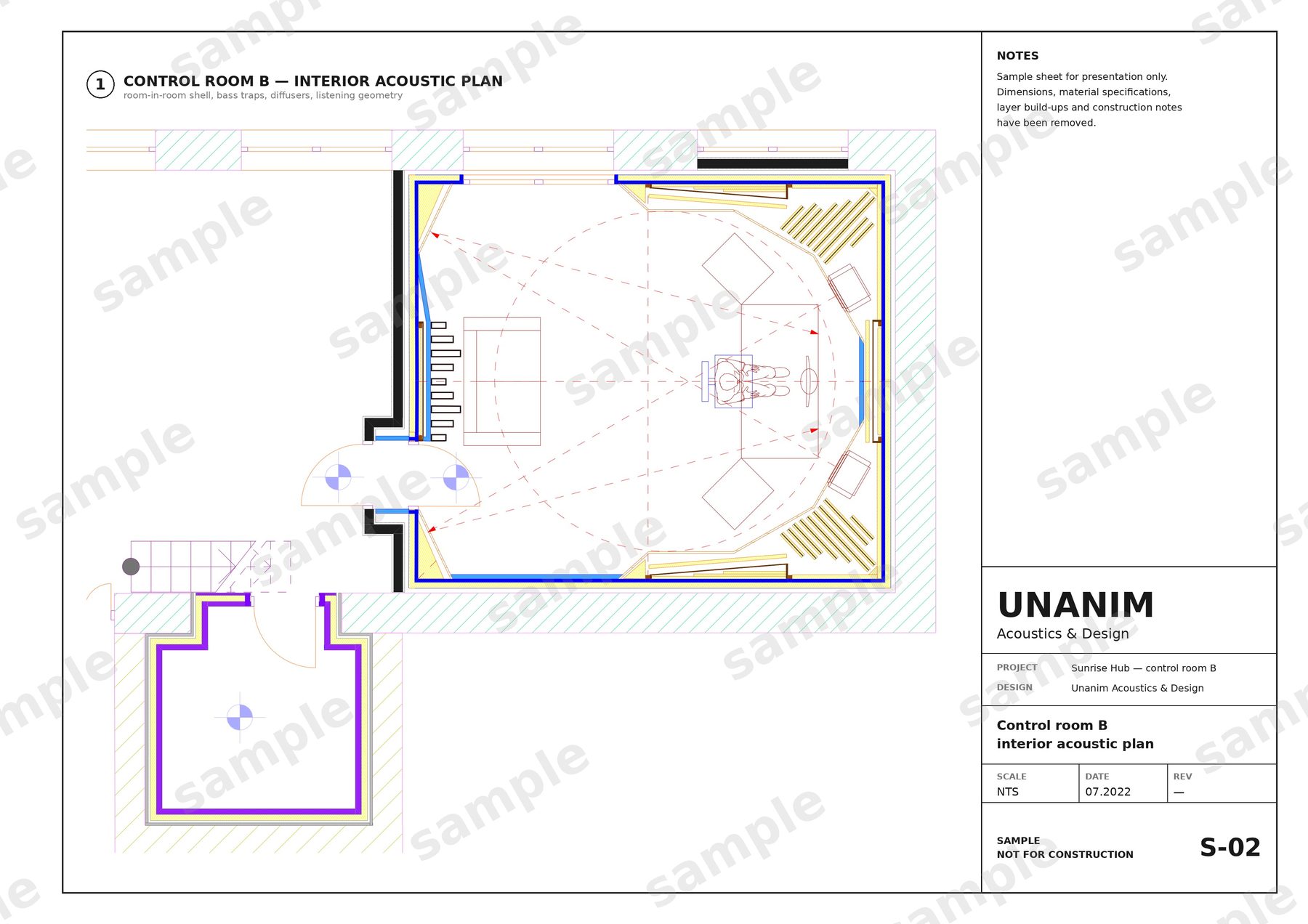 Control room interior acoustic plan, sample sheet with dimensions removed
