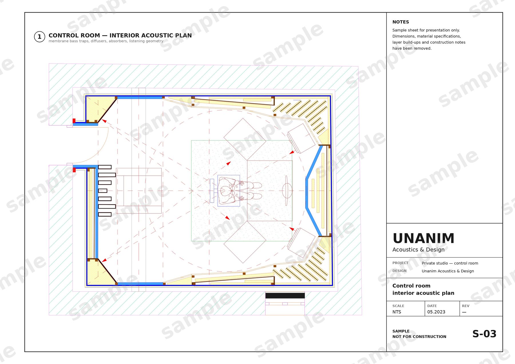 Control room interior acoustic plan, sample sheet with dimensions removed