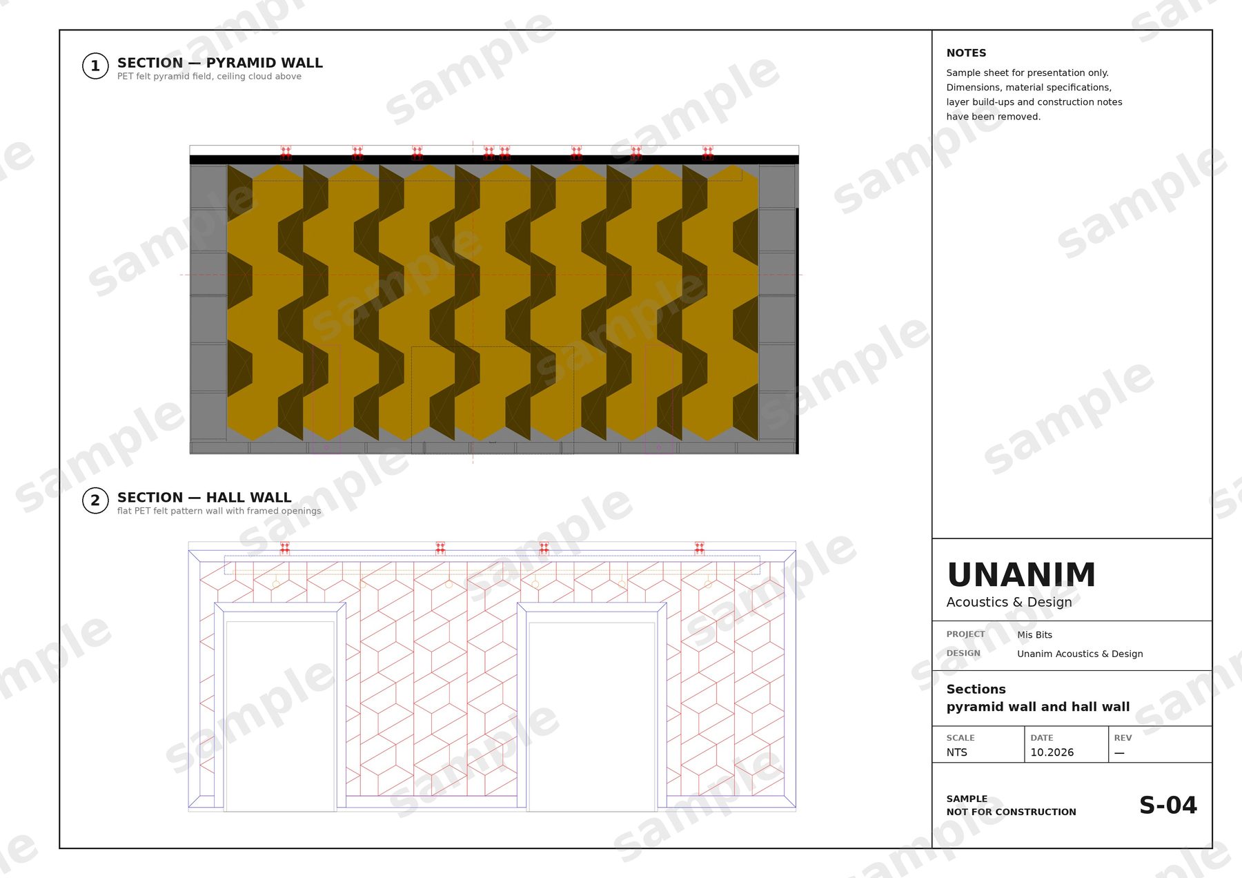 Sections of a PET felt pyramid wall and a patterned hall wall, sample sheet
